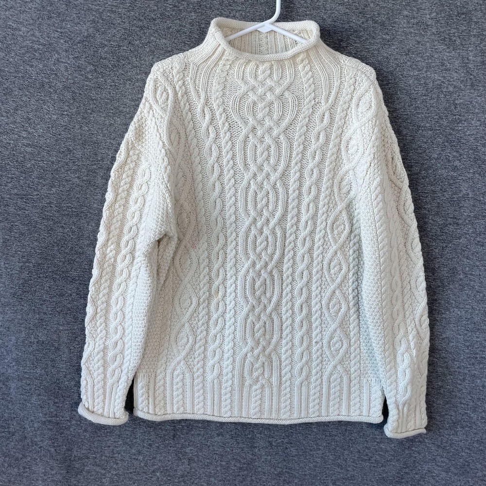 Aran Crafts Sweater Mens Large White Merino Wool Mock Neck Cable Knit Ireland